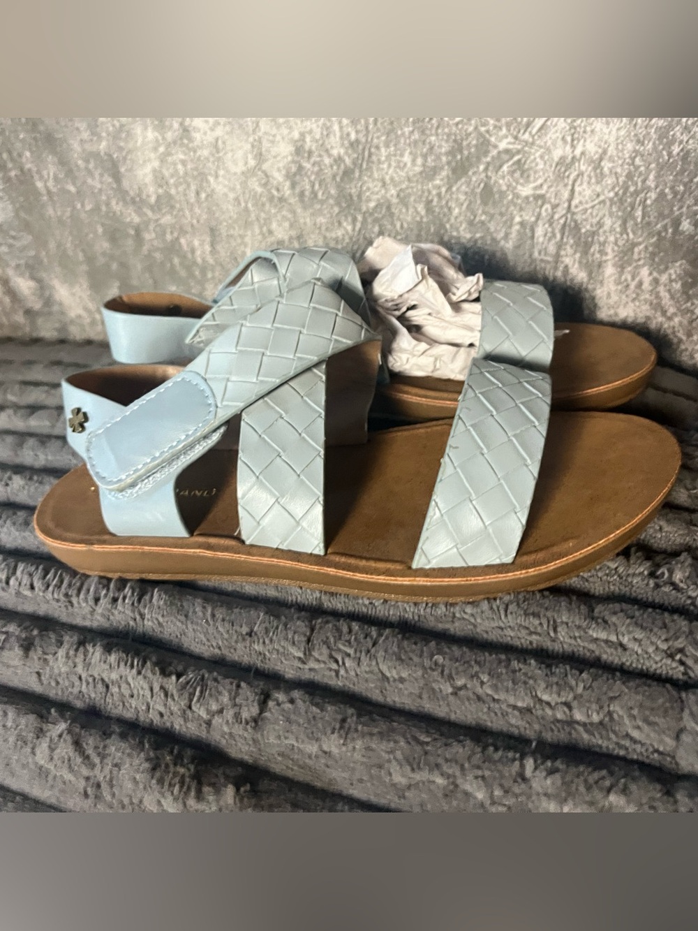 Lucky Brand Leather Light Blue Woven Strap Kids' Slide Sandals New 3y